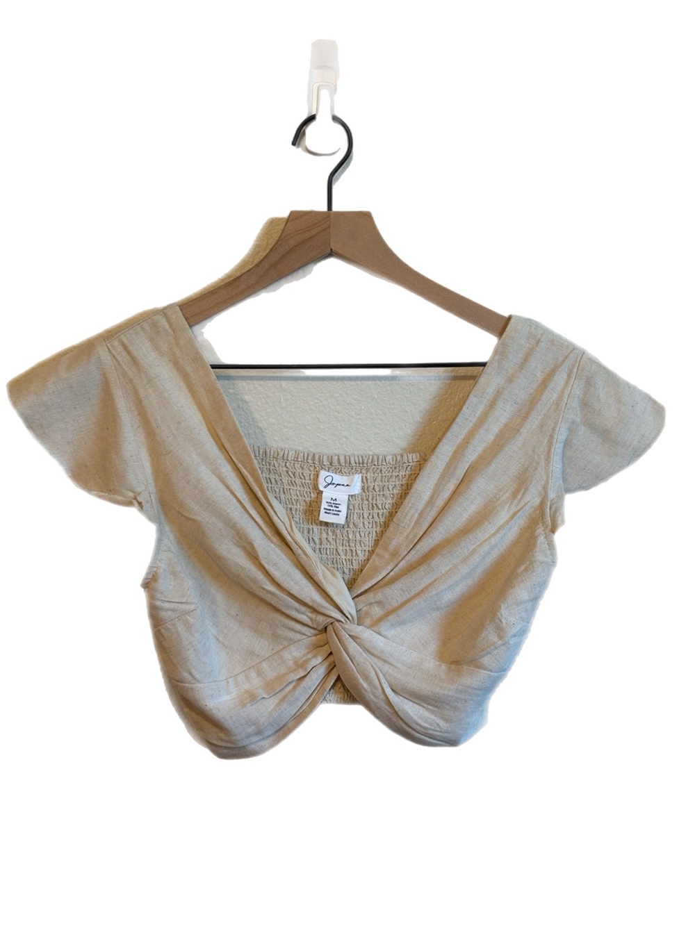 Japna Flax Blend Beige Twist-Front M Crop Top Smocked Minimalist Bohemian